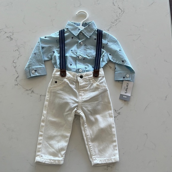 NWT Carter’s 3 piece set: button down onesie with white denim and suspen… - Picture 1 of 5